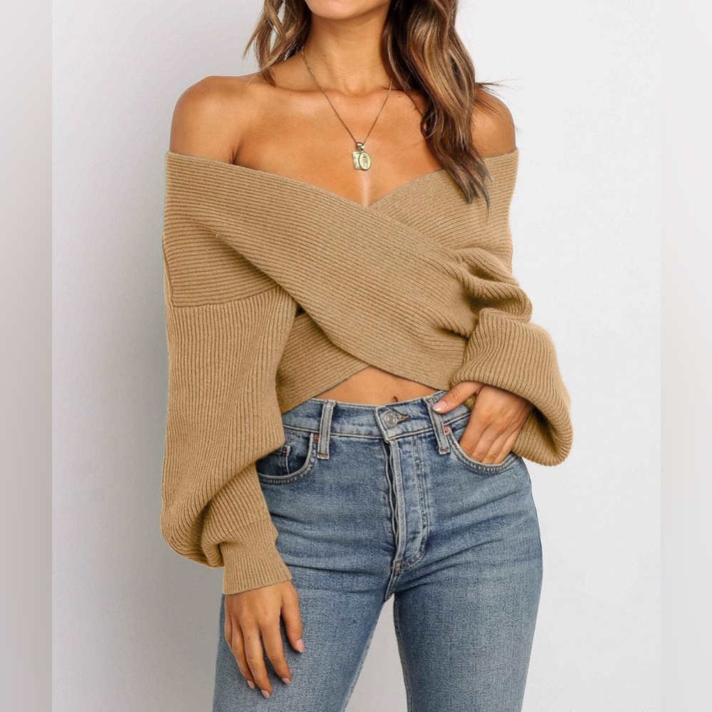 ZCSIA Wrap V Neck Cropped Sweater 2024 Fall Cross Front Off Shoulder Tops